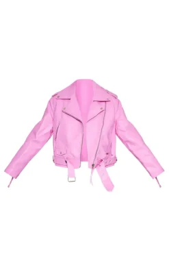 Pink Oversized Faux Leather Quilted Biker Jacket