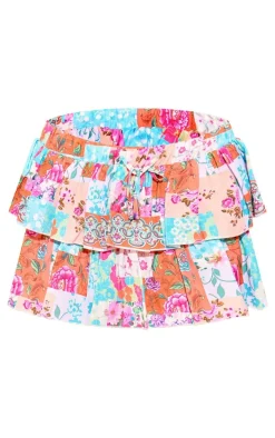 Pink Patchwork Printed Tiered Frilly Mini Skirt