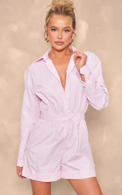 Pink Pinstripe Button Up Shirt Detail Romper