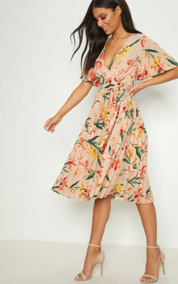 Pink Pleated Floral Midi Dress
