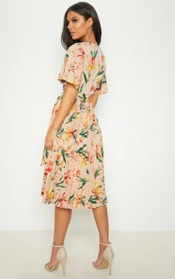 Pink Pleated Floral Midi Dress
