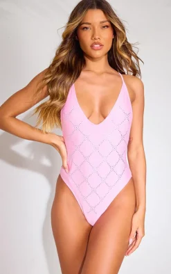 Pink Plunge Diamante Swimsuit