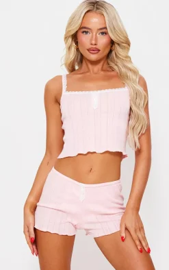 Pink Pointelle Button Cami And Short Pj Set