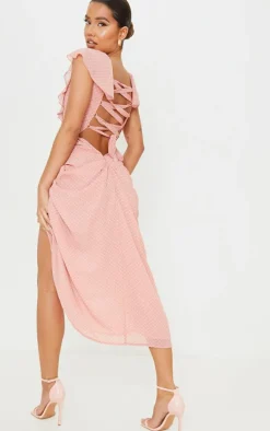 Pink Polka Dot Draped Lace Up Back Midi Dress