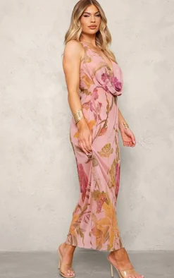 Pink Print Sheer Plisse Cowl Neck Maxi Dress