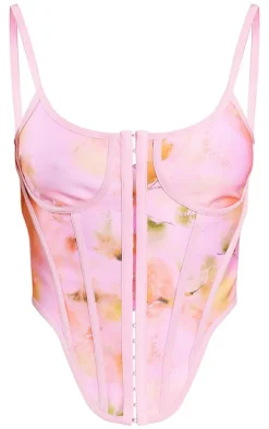 Pink Printed Bandage Hook And Eye Dip Hem Corset