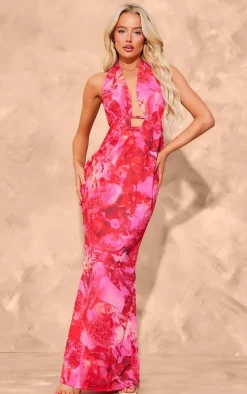 Pink Printed Chiffon Halterneck Maxi Dress