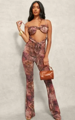 Pink Printed Mesh Cup Detail Cut Out Jumpsuit