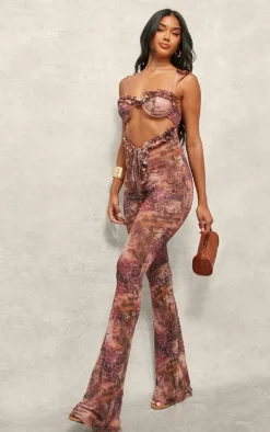 Pink Printed Mesh Cup Detail Cut Out Jumpsuit