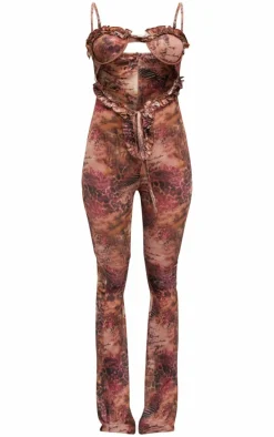 Pink Printed Mesh Cup Detail Cut Out Jumpsuit