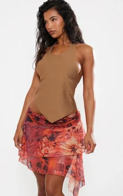 Pink Printed Mesh Drape Detail Mini Skirt