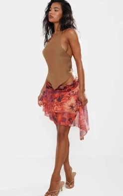 Pink Printed Mesh Drape Detail Mini Skirt