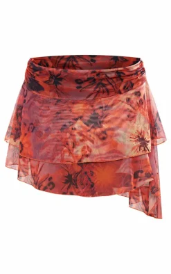 Pink Printed Mesh Drape Detail Mini Skirt