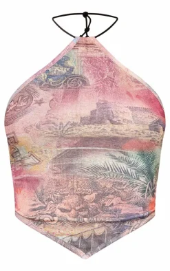 Pink Printed Mesh Halter Neck Crop Top
