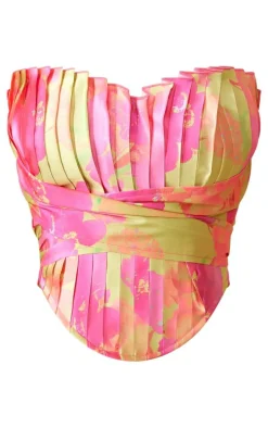 Pink Printed Pleated Drape Front Corset