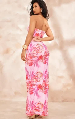 Pink Printed Slinky Bandeau Maxi Dress