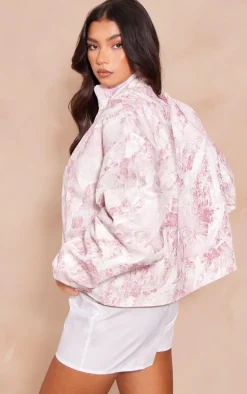 Pink Printed Textured Faux Leather Oversized Bomber Jacket