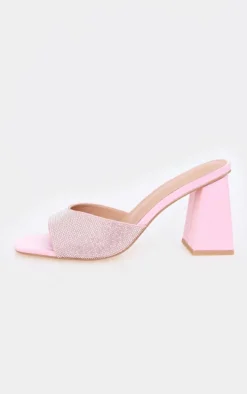 Pink PU Diamante Block Heeled Mules