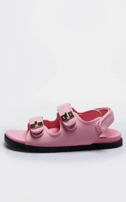 Pink PU Round Toe Buckled Sling Back Footbed Sandals