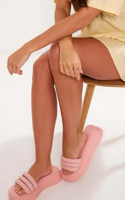 Pink Pu Round Toe Chunky Padded Triple Strap Platform Sandals