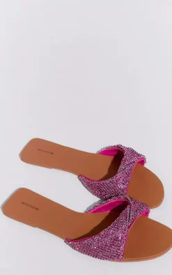 Pink Pu Round Toe Diamante Strap Flat Sandals