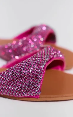 Pink Pu Round Toe Diamante Strap Flat Sandals