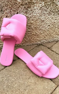 Pink PU Round Toe Padded Velcro Strap Slider Sandals