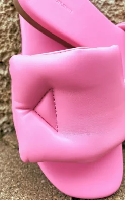 Pink PU Round Toe Padded Velcro Strap Slider Sandals