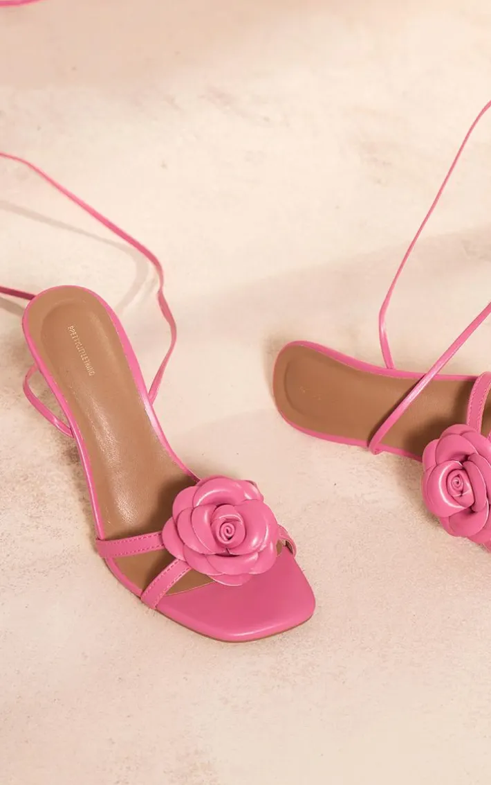 Pink PU Square Toe Corsage Strap Lace Up Heeled Sandals