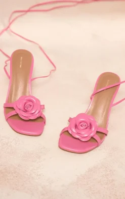 Pink PU Square Toe Corsage Strap Lace Up Heeled Sandals