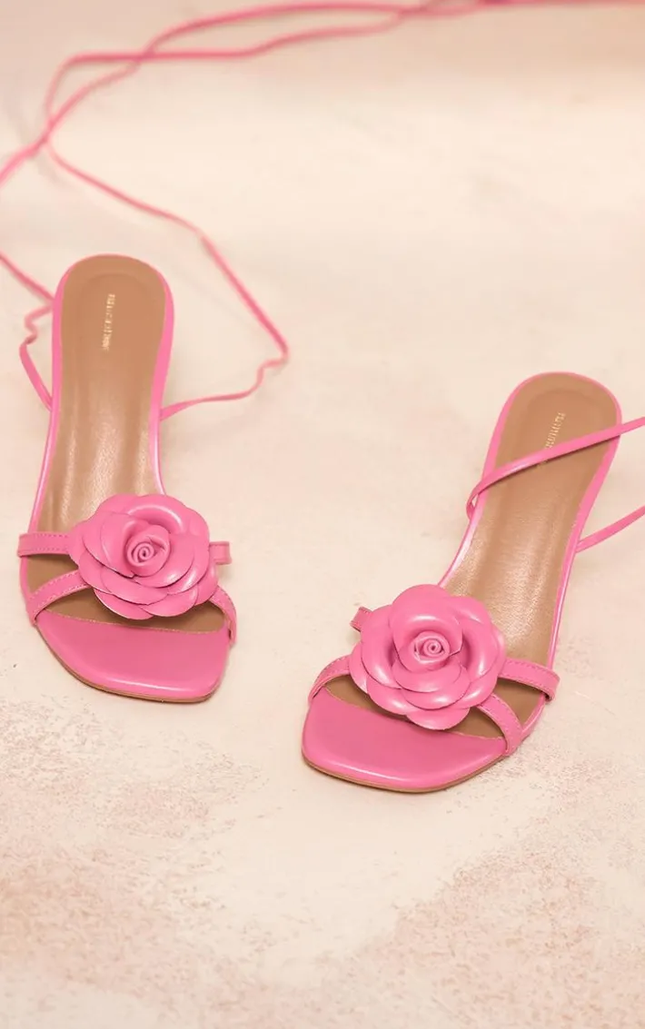 Pink PU Square Toe Corsage Strap Lace Up Heeled Sandals