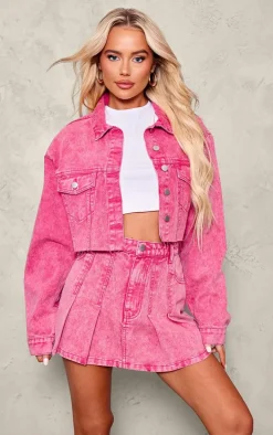 Pink Raw Hem Cropped Denim Jacket