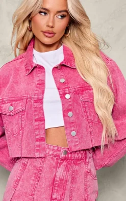 Pink Raw Hem Cropped Denim Jacket
