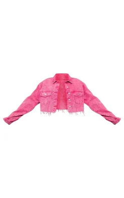 Pink Raw Hem Cropped Denim Jacket