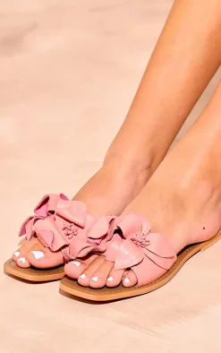 Pink Real Leather Square Toe Corsage Strap Detail Flat Sandals