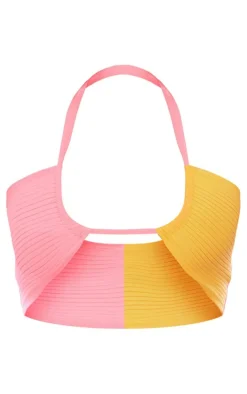 Pink Rib Knit Contrast Panel Cross Front Top