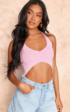 Pink Rib Knit Cut Out Halterneck Top