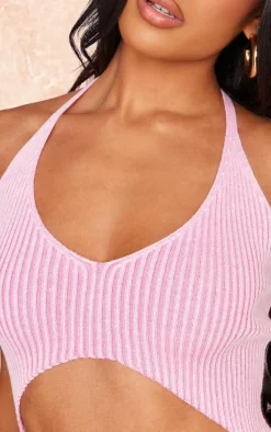 Pink Rib Knit Cut Out Halterneck Top