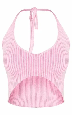 Pink Rib Knit Cut Out Halterneck Top