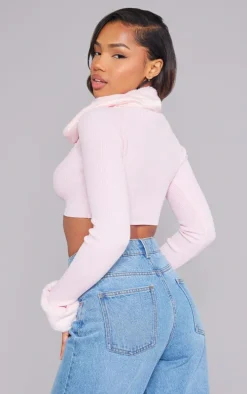 Pink Rib Knit Faux Fur Trim Ruched Front Crop Top