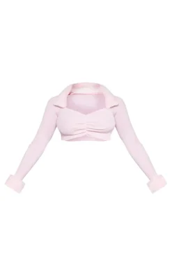 Pink Rib Knit Faux Fur Trim Ruched Front Crop Top