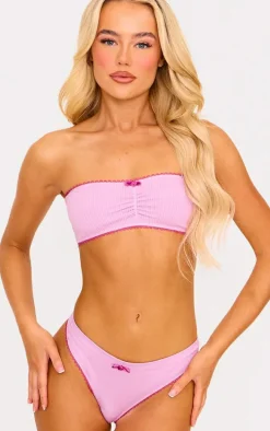 Pink Ribbed Bandeau Bra And Thong Lingerie Set