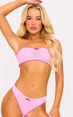 Pink Ribbed Bandeau Bra And Thong Lingerie Set