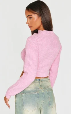 Pink Ribbed Twist Front Cut Out Sweater