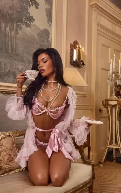 Pink Rose Embroidered Lace Frill Detail Underwired Bra