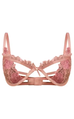 Pink Rose Embroidered Lace Frill Detail Underwired Bra