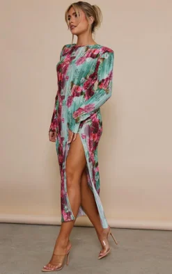 Pink Rose Print Plisse Long Sleeve Split Detail Midi Dress