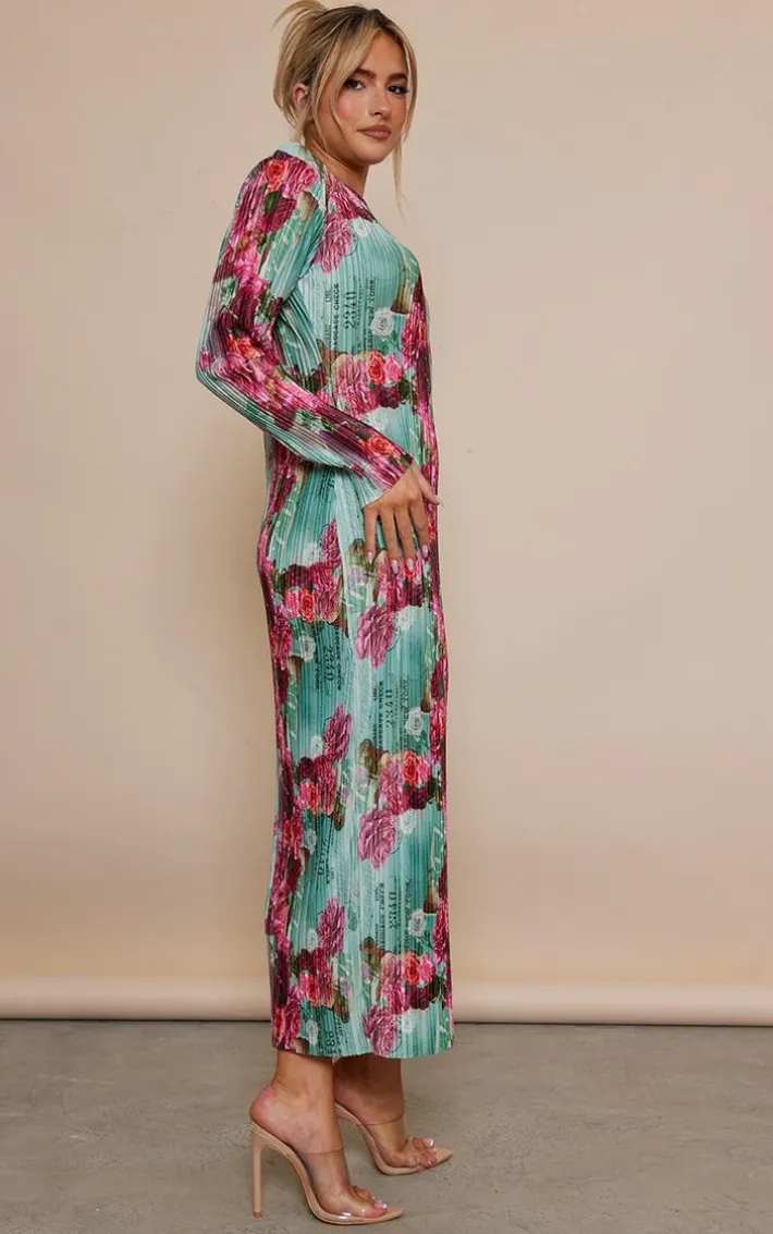 Pink Rose Print Plisse Long Sleeve Split Detail Midi Dress