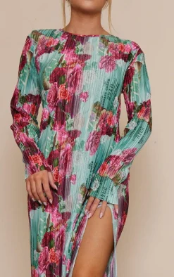 Pink Rose Print Plisse Long Sleeve Split Detail Midi Dress
