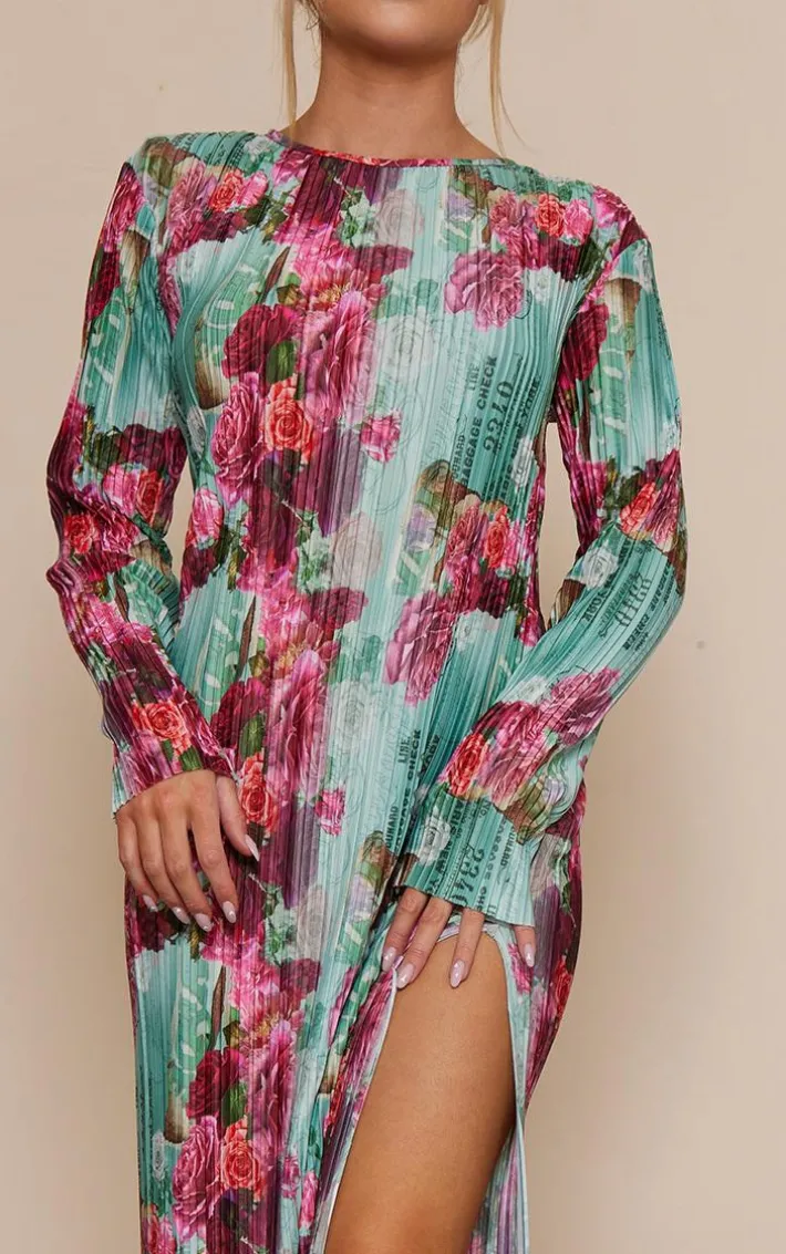 Pink Rose Print Plisse Long Sleeve Split Detail Midi Dress